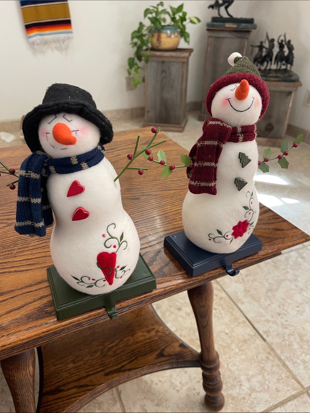 Pair of snowman figure stocking holder.